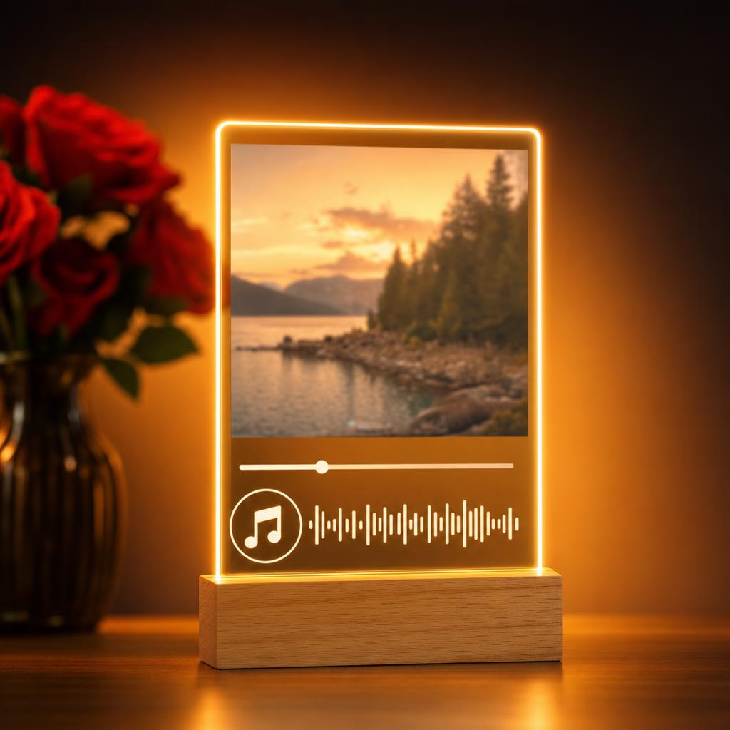 Placa iluminada con foto, base de madera, foto principal
